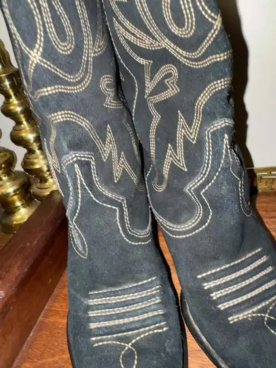 Wilsons Leather Black Suede Tall Western Cowboy Boots with Contrast Stitching - Picture 5 of 11